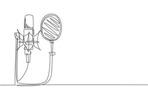 Single one line drawing technology object, sound recording equipment concept. Studio silver microphone and black pop shield on mic stand. Modern continuous line draw design graphic vector illustration