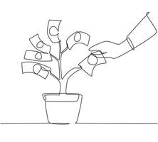 Single continuous line drawing hand pick up dollar banknote from money tree. Hand of businessman who pours money tree. Concept of earnings, success in work, money. Dynamic one line draw graphic design vector