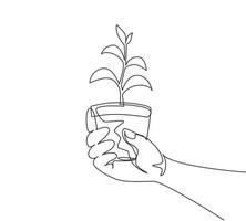 Continuous one line drawing agronomist holding seedlings in peat pots. Female hands touching the plants for planting tree. The spring planting. Single line draw design vector graphic illustration