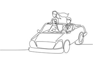 dibujo de una sola línea continua feliz pareja casada montando camión yendo de viaje por carretera. hombre y mujer con vestido de novia conduciendo en coche cabriolet yendo a la fiesta de bodas. vector de diseño gráfico de dibujo de una línea