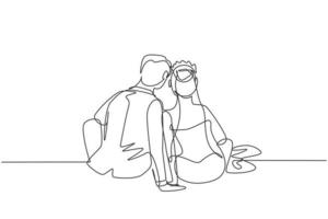 Continuous one line drawing back view happy married couple in love sit holding hands wearing wedding party. Cute man and woman enjoying romantic nature together. Single line draw design vector graphic