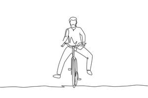 Single continuous line drawing happy Arabian man in casual clothes riding bicycle. Healthy and sport lifestyle. Ecological vehicle of transportation. One line draw graphic design vector illustration