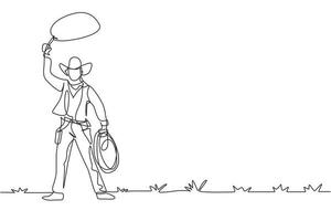 Single continuous line drawing western cowboy standing and throwing lasso and wild west elements. Man with cowboy hat and lasso at desert. Dynamic one line draw graphic design vector illustration