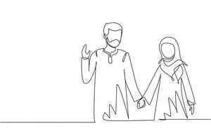 Single continuous line drawing young Arabic couple in love hand in hand. Romantic couple in love spending time together outdoors. Happy family concept. One line draw graphic design vector illustration