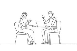 Continuous one line drawing Arab male interviewing famous person in studio for tv show. Concept of television or internet broadcast with journalist talking to celebrity. Single line draw design vector