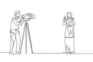 Single continuous line drawing Arab woman reporter. Journalists to report. Two Arabic journalists. Team of woman reporter journalist man operator broadcasting. One line draw design vector illustration