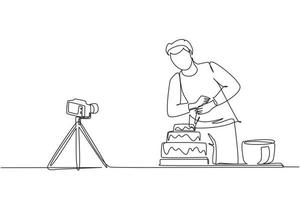 Single continuous line drawing influencer or food blogger creating content. Man shooting cooking video using camera on tripod. Chef baking and decorating cake at kitchen. One line draw design vector