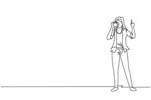 Continuous one line drawing woman photographer using professional camera in the studio. Female standing and giving count gesturing for taking pictures. Single line draw design vector illustration