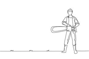 Continuous one line drawing worker using the chainsaw. Wearing suspender shirt, jeans and boots. Professional lumberjack pose cutting tree by chainsaw. Single line draw design vector illustration