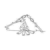 Single continuous line drawing roasting marshmallow on bonfire at night. Campfire and stick branches with roasted marshmallows. Fun summer camping activity. One line draw design vector illustration