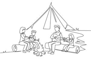 Single continuous line drawing hiker family sit by campfire. Tourists, campers. Dad playing guitar, mom and kids fry sausage. Night camping entertainment. One line draw design vector illustration