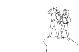 Single continuous line drawing couple man woman hiker at top of mountain looking into distance. Adventure in mountainous terrain. Exploration, hiking, adventure, journey. One line draw design vector