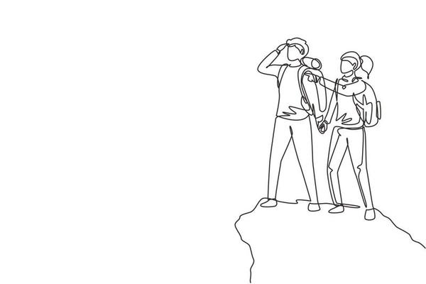 Single continuous line drawing couple man woman hiker at top of mountain looking into distance. Adventure in mountainous terrain. Exploration, hiking, adventure, journey. One line draw design vector