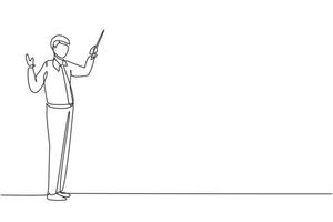 Single one line drawing standing businessman teacher wearing tidy shirt pointing with wooden pointer stick. Educational concept, courses, trainings. Continuous line draw design vector illustration