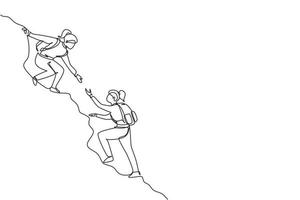 Single one line drawing two woman help each other to climb up the mountain. Help hand, hope and support. Business, success, leadership, achievement and goal concept. Continuous line draw design vector