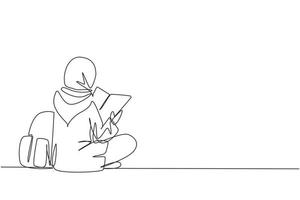 Single continuous line drawing back view young Arabian woman sitting on floor reading book. College student prepare to exam, back to school gaining knowledge. One line draw design vector illustration