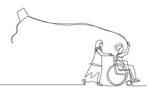 Single one line drawing happy child disabled concept. Hand drawn little Arab girl pushing boy in wheel chair with flying kite. Disabled has fun outside. Continuous line draw design vector illustration