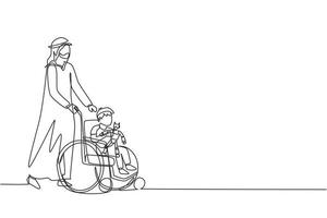 Single continuous line drawing rehabilitation for children. Arabian father takes care of boy. Happy daddy helps children with disabilities in wheelchair holding robot toy. One line draw design vector