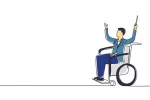 Single one line drawing handsome man conductor sitting in wheelchair leading orchestra. Disability and classical music. Physically disabled. Continuous line draw design graphic vector illustration