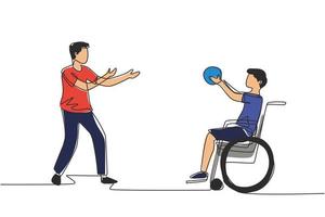 Single continuous line drawing happy lifestyle of disabled people concept. Little boy in wheelchair playing ball with male friend outdoors living active lifestyle. One line design vector illustration