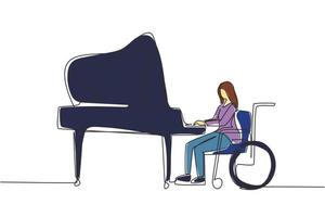 Continuous one line drawing disabled beautiful woman in wheelchair playing piano in concert. Disability and classical music. Physically disabled. Single line draw design vector graphic illustration