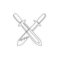 Single one line drawing two crossed swords icon, metal sword, European straight swords, realistic sword isolated. European straight swords. Daggers, knifes. Continuous line draw design graphic vector