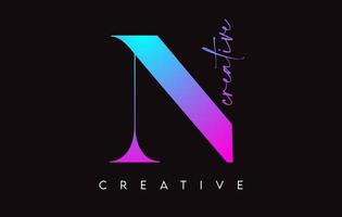 diseño de letra n con corte creativo y fuente serif en vector de colores azul púrpura