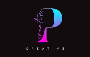 diseño de letra p con corte creativo y fuente serif en vector de colores azul púrpura
