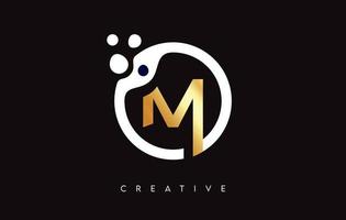 Golden Letter M Logo with Dots and Bubbles inside a Circular Shape in Gold Colors Vector