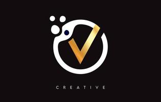 Golden Letter V Logo with Dots and Bubbles inside a Circular Shape in Gold Colors Vector