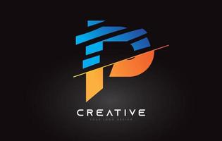 diseño del icono del logotipo de la letra p en rodajas con colores azul y naranja y rodajas cortadas vector
