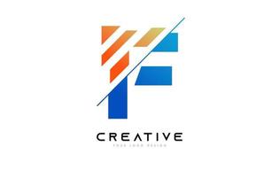 diseño del icono del logotipo de la letra f en rodajas con colores azul y naranja y rodajas cortadas vector
