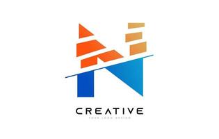 diseño de icono de logotipo de letra n en rodajas con colores azul y naranja y rodajas cortadas vector