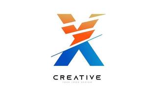 diseño de icono de logotipo de letra x en rodajas con colores azul y naranja y rodajas cortadas vector