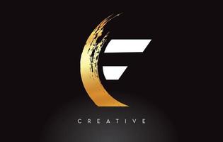Golden F Letter Logo with Brush Stroke Artistic Look on Black Background Vector