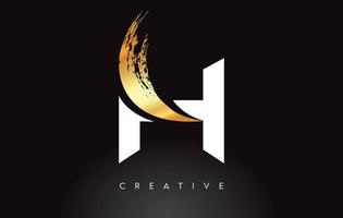 logotipo de letra h dorada con aspecto artístico de trazo de pincel sobre vector de fondo negro