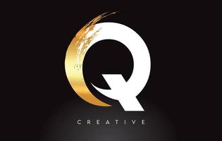 Golden Q Letter Logo with Brush Stroke Artistic Look on Black Background Vector