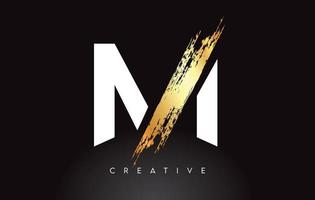 logotipo de letra m dorada con aspecto artístico de trazo de pincel sobre vector de fondo negro