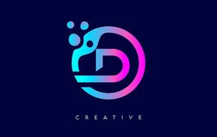 Letter D Logo with Dots and Bubbles inside a Circular Shape in Purple Neon Colors Vector