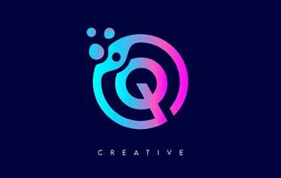 Letter Q Logo with Dots and Bubbles inside a Circular Shape in Purple Neon Colors Vector