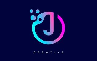 Letter J Logo with Dots and Bubbles inside a Circular Shape in Purple Neon Colors Vector