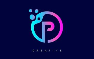 Letter P Logo with Dots and Bubbles inside a Circular Shape in Purple Neon Colors Vector