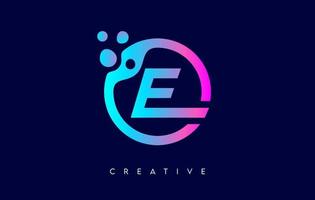 Letter E Logo with Dots and Bubbles inside a Circular Shape in Purple Neon Colors Vector