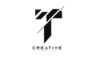 diseño de icono de logotipo de letra t en rodajas con colores blanco y negro y rodajas cortadas vector