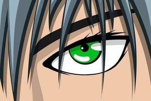 Anime comic strip pretty boy or girl face with green eye and grey hair. Manga comics book hero art background concept. Vector cartoon look eps illustration