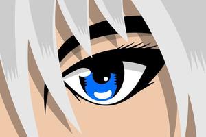 Anime comic strip pretty boy or girl face with blue eye and white hair. Manga comics book hero art background concept. Vector cartoon look eps illustration
