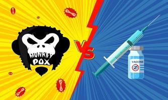 New pandemic monkeypox virus versus vaccination. Battle of medical vaccine vs monkey pox disease outbreak infection. MPV MPVX danger and public health immunization. Vector eps concept banner