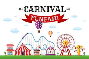 Carnival funfair banner. Amusement park with circus, carousels, roller coaster, attractions on white background. Festive theme design template. Fun fair festival poster. Vector eps illustration