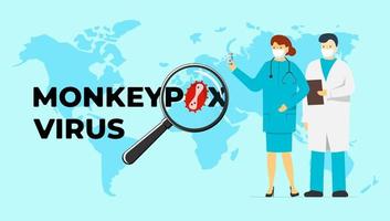 Monkeypox virus MPV MPVX and scientists doctors with vaccine. Monkey pox outbreak and research vaccination banner. Stop epidemic disease spread. Public health risk solution vector eps illustration