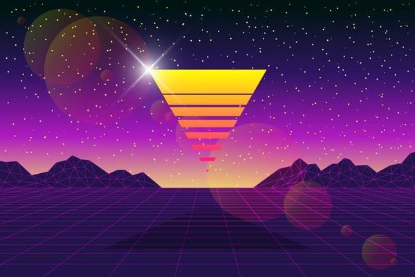 Future digital technology metaverse concept abstract background. Virtual reality universe futuristic 3d landscape with graphical mountains and triangular sun. Meta cyber space vector eps illustration